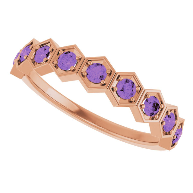 14K Gold Round Natural Amethyst Stackable Geometric Ring - Rose Gold - view 5