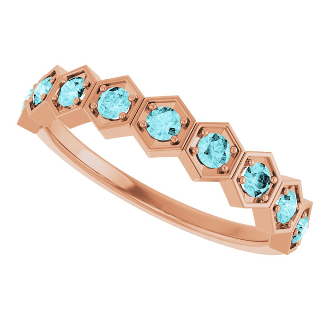 14K Gold Round Natural Blue Zircon Stackable Geometric Ring - Rose Gold - view 5