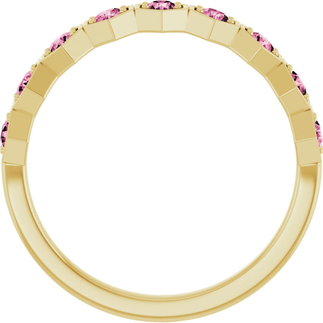 14K Gold Round Natural Pink Tourmaline Stackable Geometric Ring - Yellow Gold - view 2