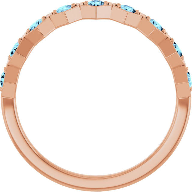 14K Gold Round Natural Aquamarine Stackable Geometric Ring - Rose Gold - view 2