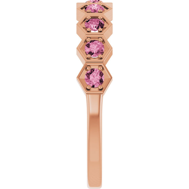 14K Gold Round Natural Pink Tourmaline Stackable Geometric Ring - Rose Gold - view 4