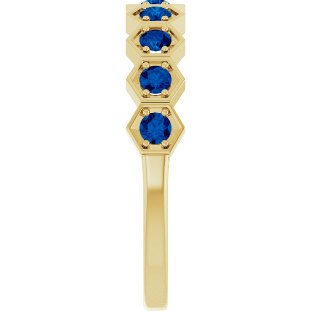 14K Gold Round Lab-Grown Blue Sapphire Stackable Geometric Ring - Yellow Gold - view 4