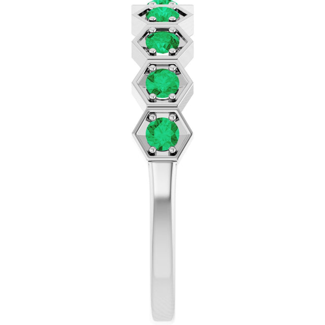 14K Gold Round Natural Emerald Stackable Geometric Ring - White Gold - view 4