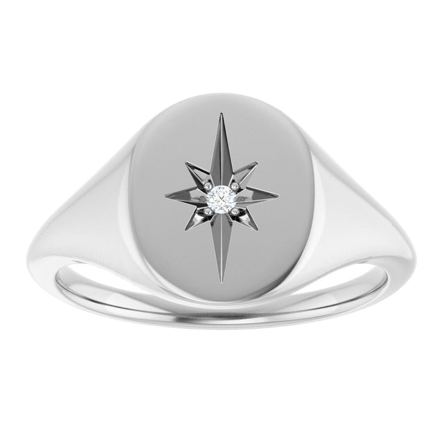 14K Gold Round Natural Diamond Oval Starburst Signet Ring - White Gold - view 3