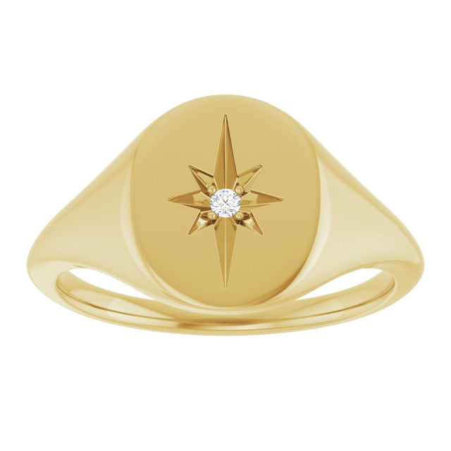 14K Gold Round Natural Diamond Oval Starburst Signet Ring - Yellow Gold - view 3
