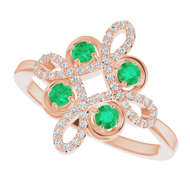 14K Gold Round Natural Emerald Clover Ring – 2.5mm Stones - Rose Gold - view 5