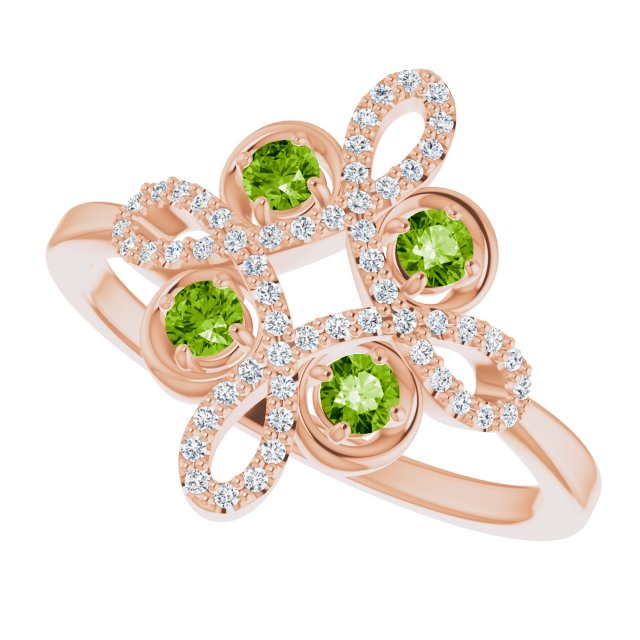14K Gold Round Natural Peridot Clover Ring – 2.5mm Stones - Rose Gold - view 5