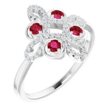 14K Gold Round Natural Ruby Clover Ring – 2.5mm Stones - White Gold