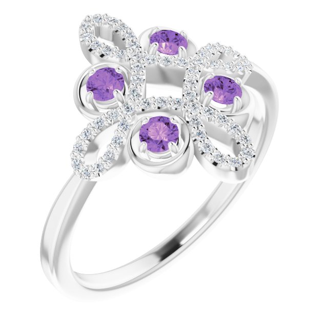 Platinum Round Natural Amethyst Clover Ring – 2.5mm Stones