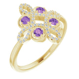 14K Gold Round Natural Amethyst Clover Ring – 2.5mm Stones - Yellow Gold