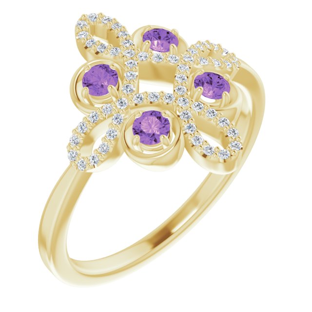 14K Gold Round Natural Amethyst Clover Ring – 2.5mm Stones - Yellow Gold