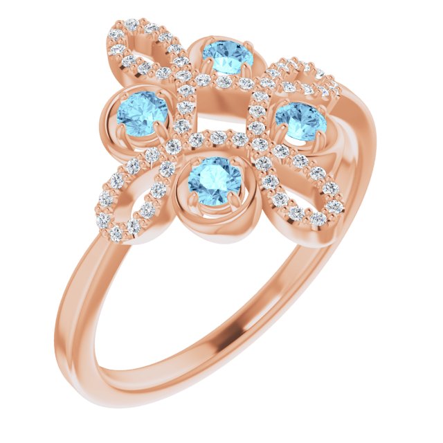 14K Gold Round Natural Aquamarine Clover Ring – 2.5mm Stones - Rose Gold