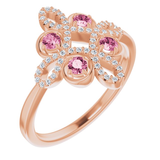 14K Gold Round Natural Pink Tourmaline Clover Ring – 2.5mm Stones - Rose Gold