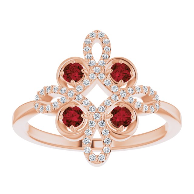 14K Gold Round Natural Mozambique Garnet Clover Ring – 2.5mm Stones - Rose Gold - view 3
