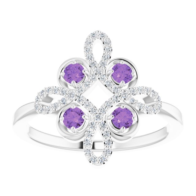 14K Gold Round Natural Amethyst Clover Ring – 2.5mm Stones - White Gold - view 3