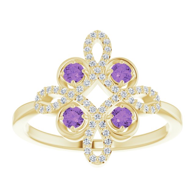 14K Gold Round Natural Amethyst Clover Ring – 2.5mm Stones - Yellow Gold - view 3