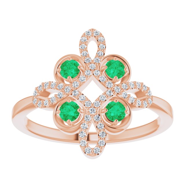 14K Gold Round Natural Emerald Clover Ring – 2.5mm Stones - Rose Gold - view 3