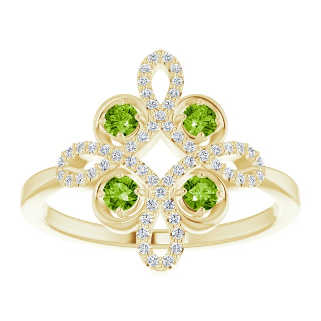 14K Gold Round Natural Peridot Clover Ring – 2.5mm Stones - Yellow Gold - view 3
