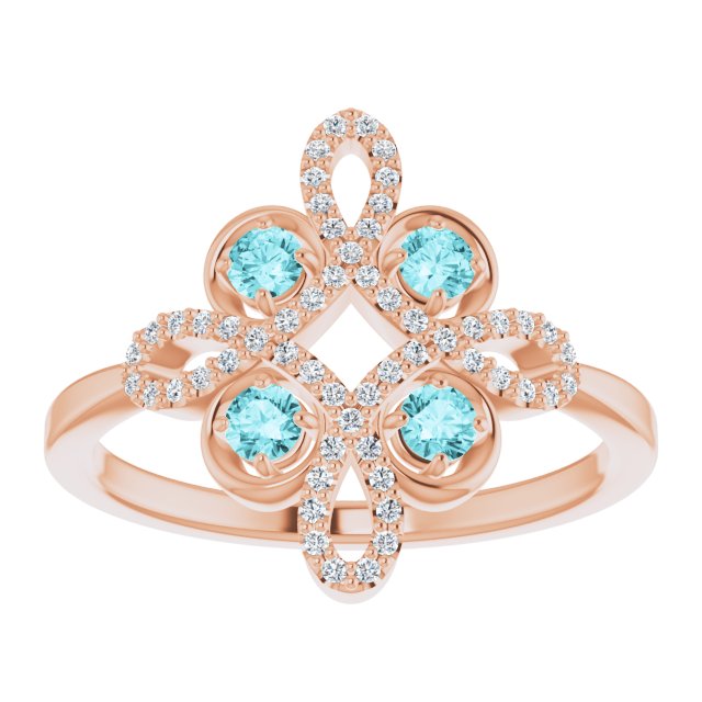 14K Gold Round Natural Blue Zircon Clover Ring – 2.5mm Stones - Rose Gold - view 3