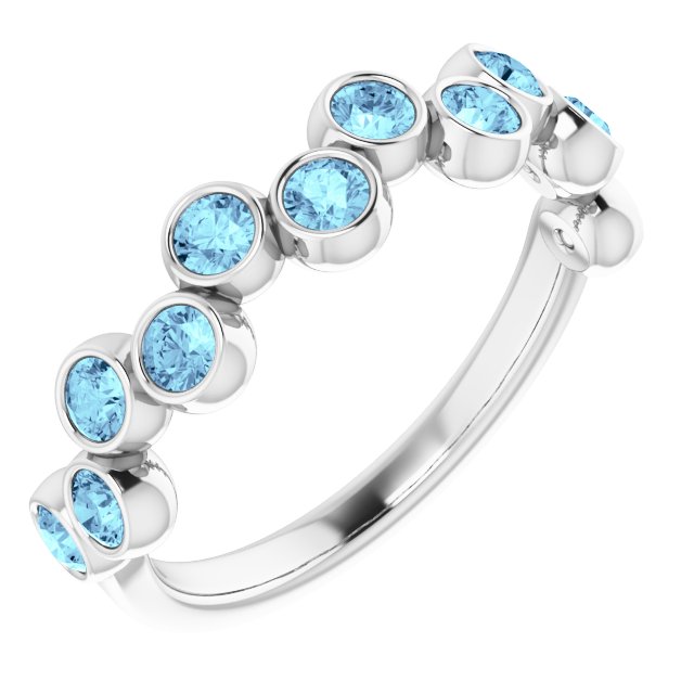 14K Gold Round Natural Aquamarine Bezel-Set Ring – 2.5mm Stones - White Gold