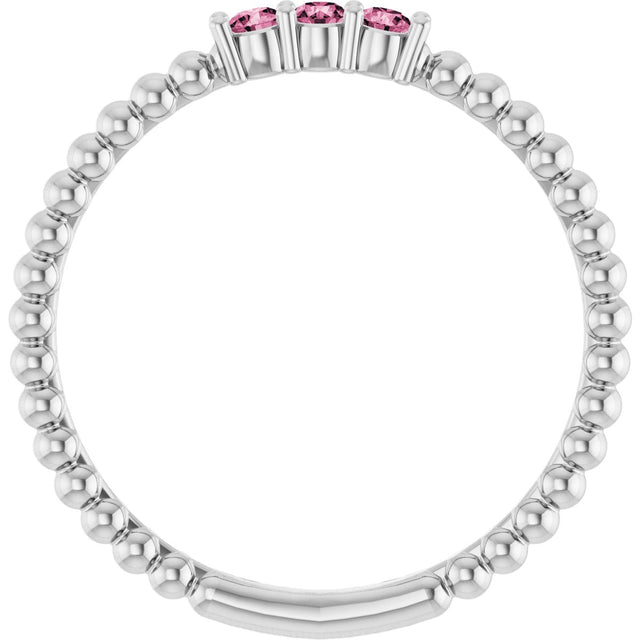 14K Gold Round Natural Pink Tourmaline Beaded Ring - White Gold - view 2