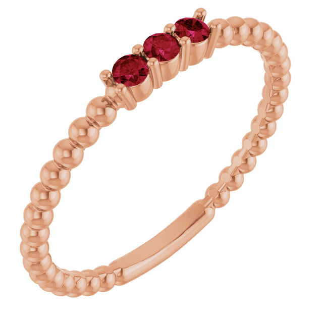 14K Gold Round Natural Ruby Beaded Ring - Rose Gold