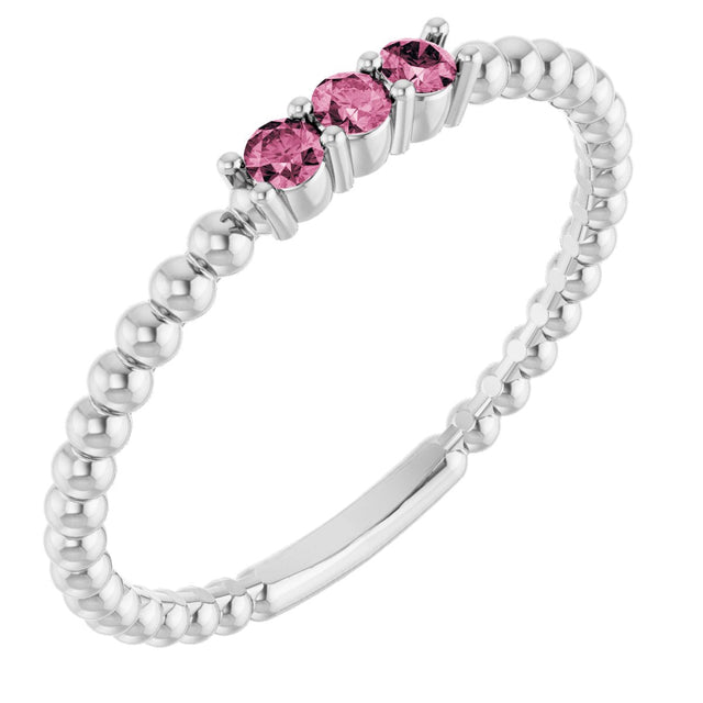 14K Gold Round Natural Pink Tourmaline Beaded Ring - White Gold
