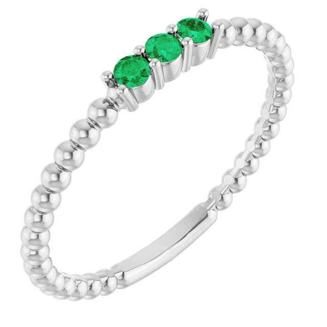 Platinum Round Natural Emerald Beaded Ring