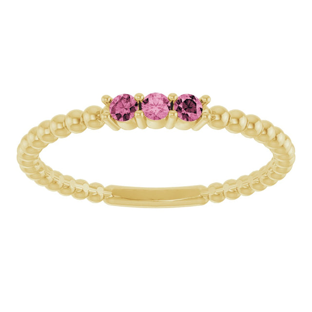 14K Gold Round Natural Pink Tourmaline Beaded Ring - Yellow Gold - view 3