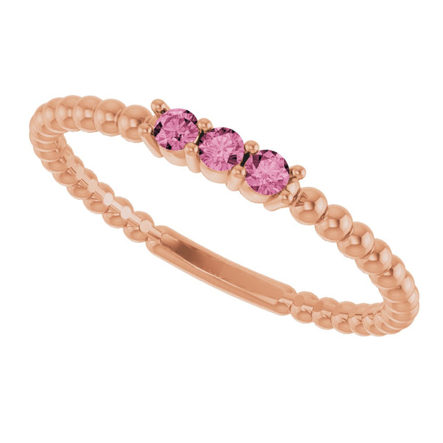 14K Gold Round Natural Pink Tourmaline Beaded Ring - Rose Gold - view 5