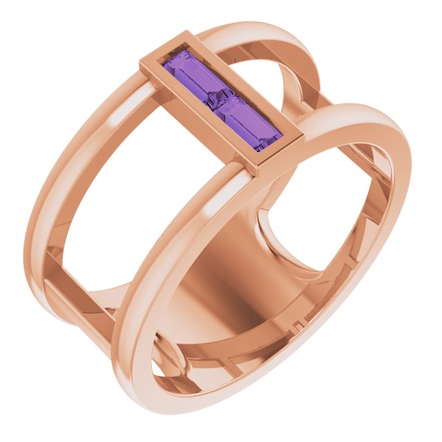 14K Gold Straight Baguette Natural Amethyst Baguette Negative Space Ring - Rose Gold