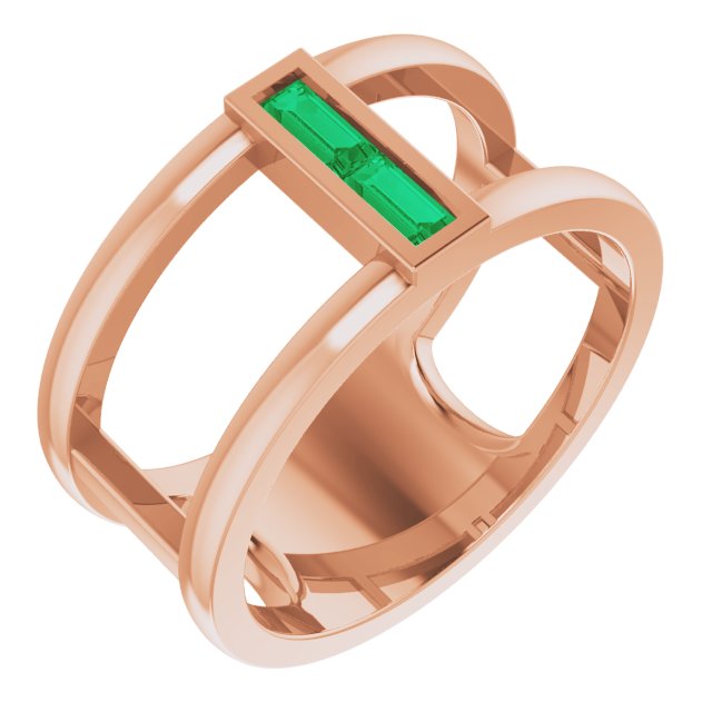 14K Gold Straight Baguette Natural Emerald Baguette Negative Space Ring - Rose Gold