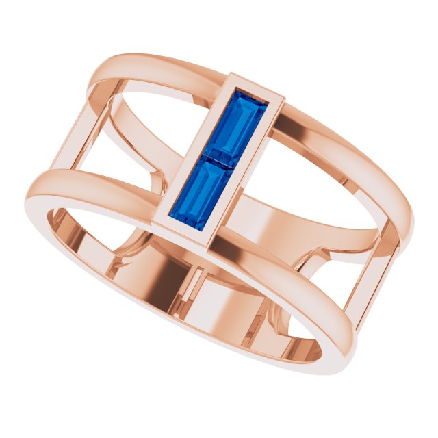 14K Gold Straight Baguette Natural Blue Sapphire Baguette Negative Space Ring - Rose Gold - view 5