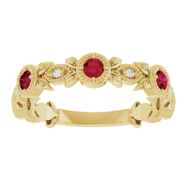 14K Gold Round Natural Ruby Leaf Ring - Yellow Gold - view 3