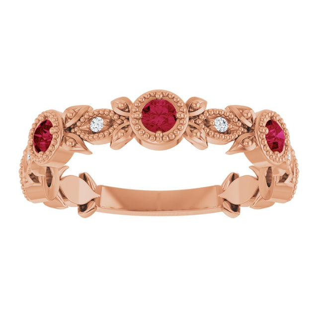 14K Gold Round Lab-Grown Ruby Leaf Ring - view 3