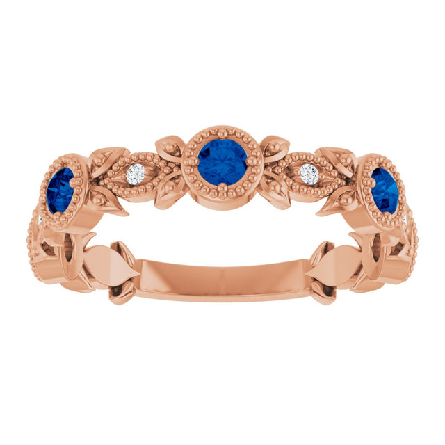 14K Gold Round Natural Lab-Grown Blue Sapphire Leaf Ring - Rose Gold - view 3