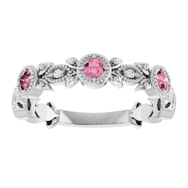14K Gold Round Natural Pink Tourmaline Leaf Ring - White Gold - view 3
