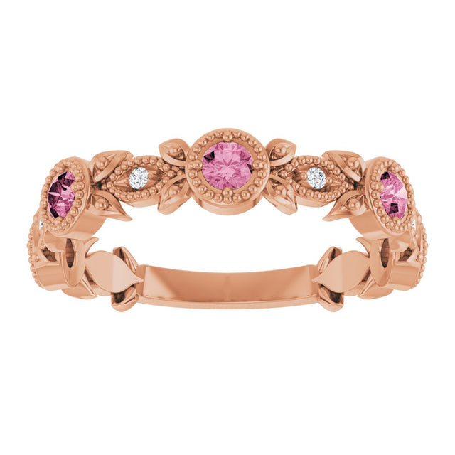 14K Gold Round Natural Pink Tourmaline Leaf Ring - Rose Gold - view 3
