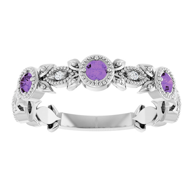 Platinum Round Natural Amethyst Leaf Ring - view 3