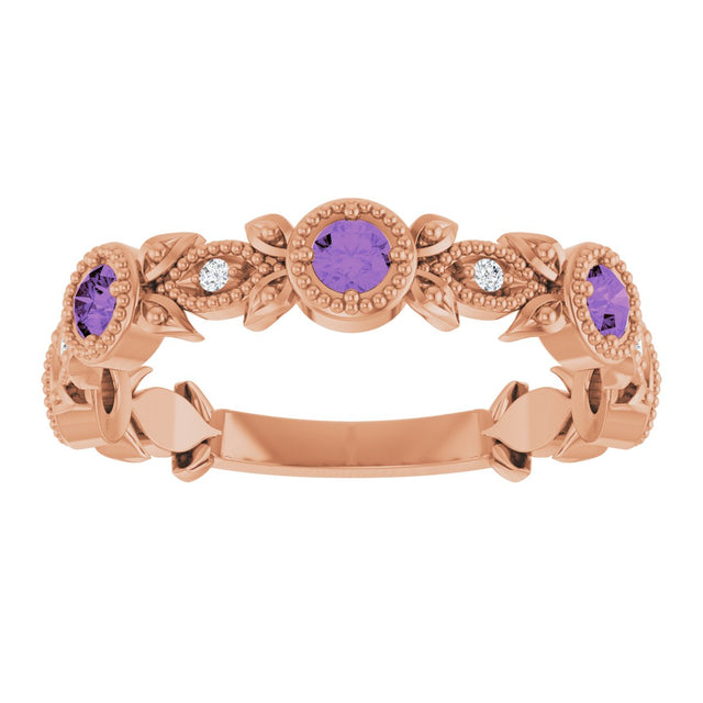 14K Gold Round Natural Amethyst Leaf Ring - Rose Gold - view 3