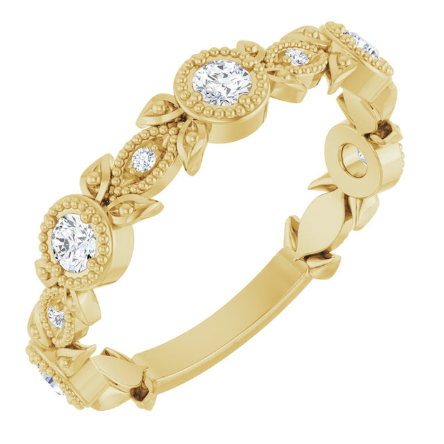 14K Gold Round Natural Diamond Leaf Ring – 2.5mm Stones - Yellow Gold