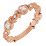 14K Gold Round Natural Diamond Leaf Ring – 2.5mm Stones - Rose Gold