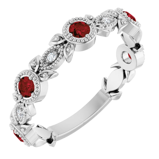 Platinum Round Natural Mozambique Garnet Leaf Ring