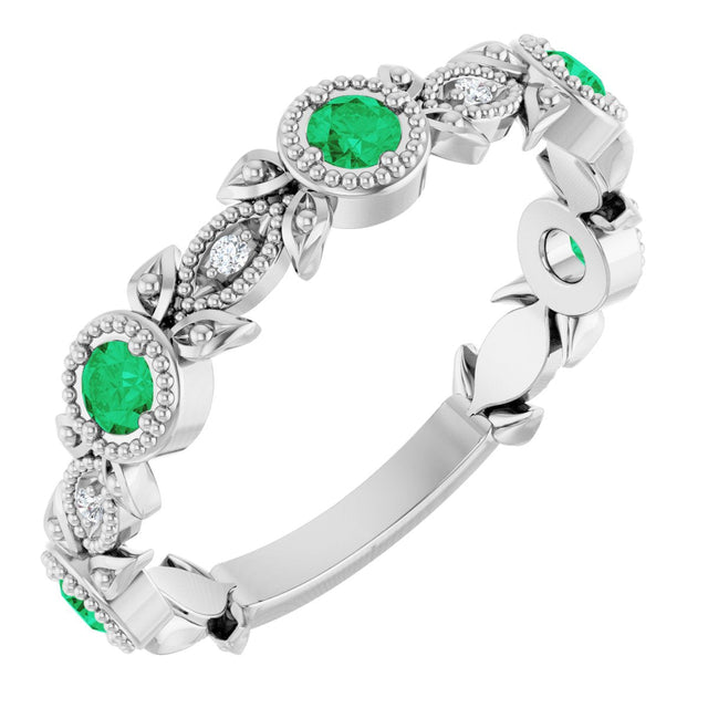 Platinum Round Natural Emerald Leaf Ring