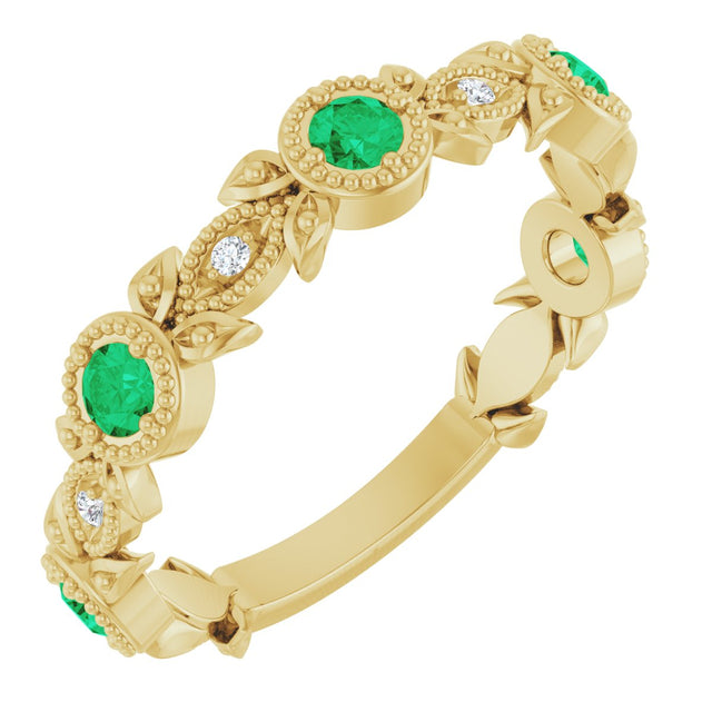 14K Gold Round Natural Emerald Leaf Ring - Yellow Gold