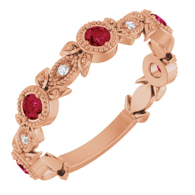 14K Gold Round Lab-Grown Ruby Leaf Ring