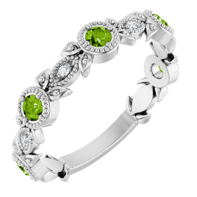 14K Gold Round Natural Peridot Leaf Ring - White Gold