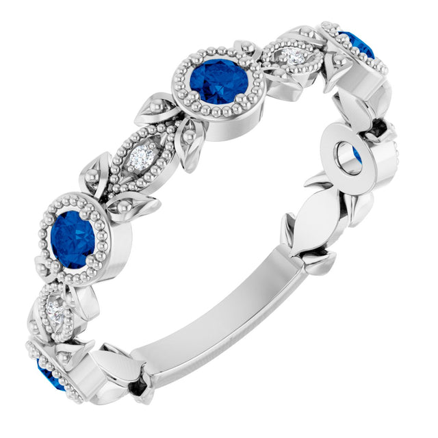 Platinum Round Natural Lab-Grown Blue Sapphire Leaf Ring