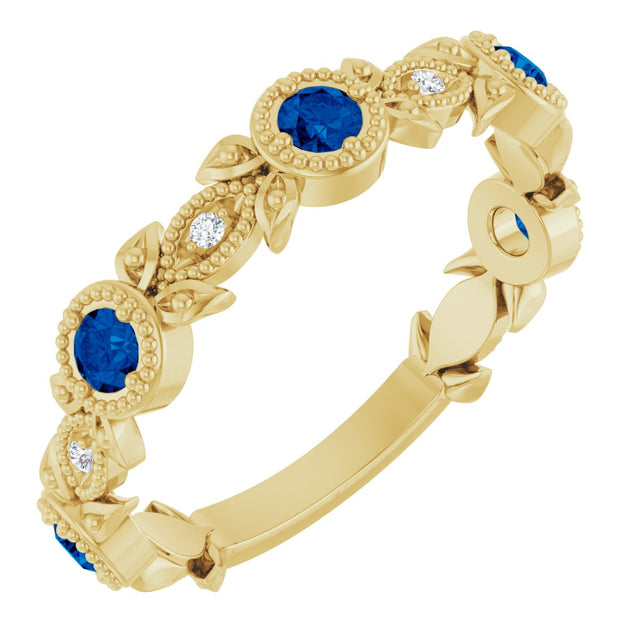 14K Gold Round Natural Blue Sapphire Leaf Ring - Yellow Gold