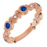 14K Gold Round Natural Lab-Grown Blue Sapphire Leaf Ring - Rose Gold